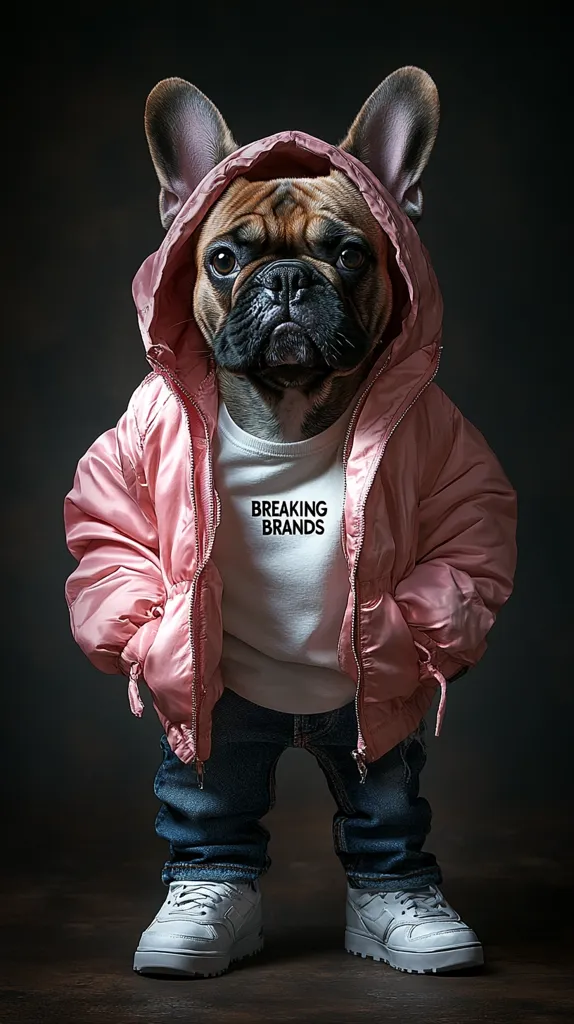 A French Bulldog, dressed in a pink hooded jacket, white t-shirt with the words "Breaking Brands" on it, blue jeans, and white sneakers. The dog is standing on a wooden floor, with a dark background. The dog has a serious expression on its face.  The dog's attire is stylish and trendy, making it look like a miniature fashion icon. The photo captures the dog's personality and playful spirit.