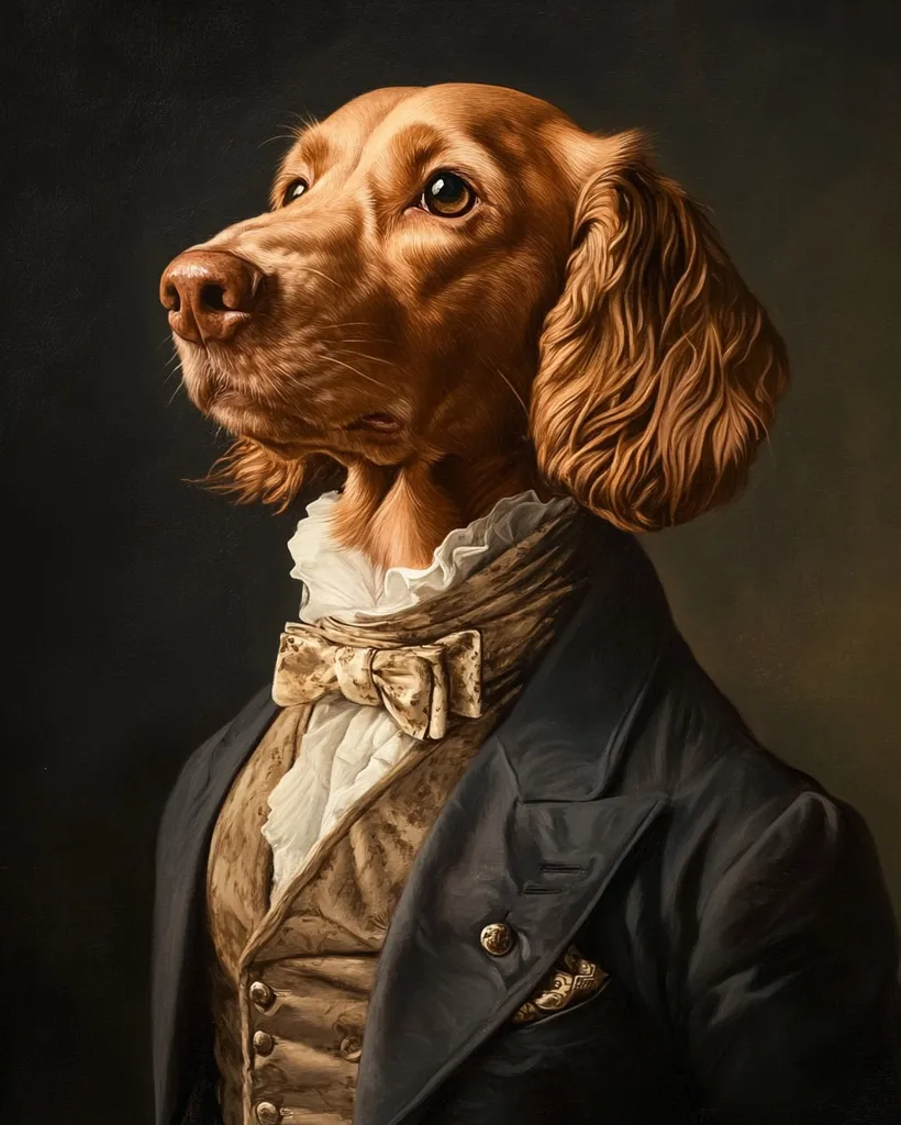 A brown and white dog, with long ears and a fluffy coat, is depicted in a formal portrait. It wears a dark blue suit with a white collared shirt and a brown bow tie. The dog looks upward, its expression serious and dignified. The background is a dark, textured canvas that creates a contrast with the dog's bright fur and clothing. The overall style of the artwork is reminiscent of a traditional oil painting, with a focus on realism and detail.