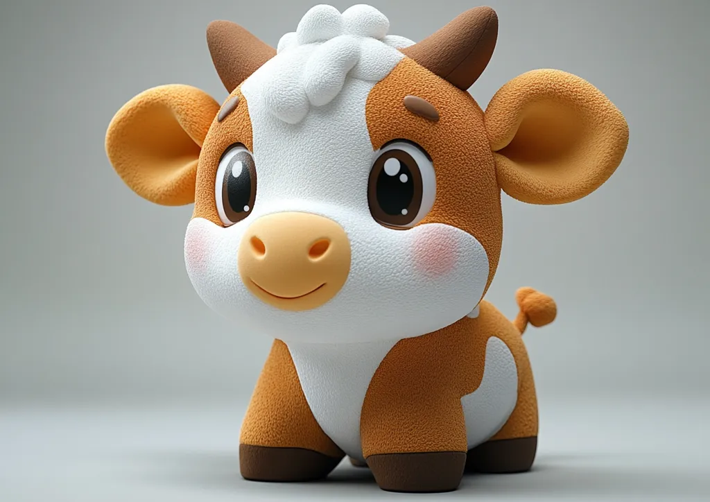 The image shows a cute, cartoon-style cow with large, expressive eyes. It has brown fur with white patches, including a patch on its forehead and a white spot on its back. The cow has a big, friendly smile and is sitting on a light grey background. It appears to be a plush toy.  The image is rendered in 3D, giving it a realistic and playful look.