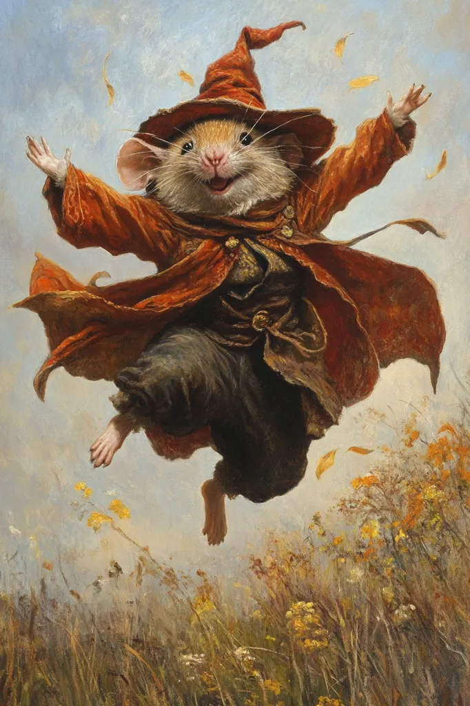 A small, furry mouse with large ears is dressed as a wizard, complete with a pointed hat and long, flowing robe. He is leaping through the air, his arms outstretched, with a joyful expression on his face. Yellow leaves are falling around him as he soars above a field of tall, brown grass.  The scene is whimsical and charming, capturing the essence of magic and childhood wonder.
