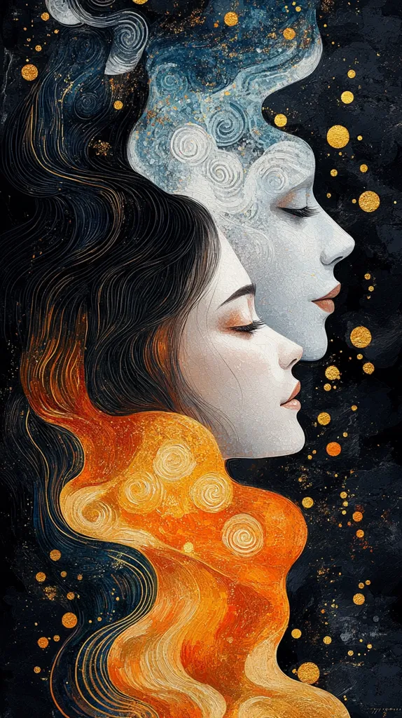 The image depicts two female faces, their profiles turned inwards, almost touching. One face is pale and ethereal with flowing, swirling hair in shades of blue and white, while the other is flushed and warm with hair that resembles swirling flames of orange and gold. The background is a dark blue canvas dotted with sparkling gold. The contrasting colors and styles of the two faces create a powerful visual contrast, suggesting a duality of nature.  The swirling shapes of the hair create a sense of movement and flow, adding to the abstract nature of the artwork.