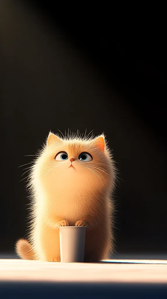 A fluffy white cat with large, blue eyes sits on a white surface and stares up at the light shining in from the left of the frame. The cat is holding a small white cup with its paws. The background is dark and blurry, creating a simple and clean composition. The image captures the cat's innocent curiosity and playful demeanor.