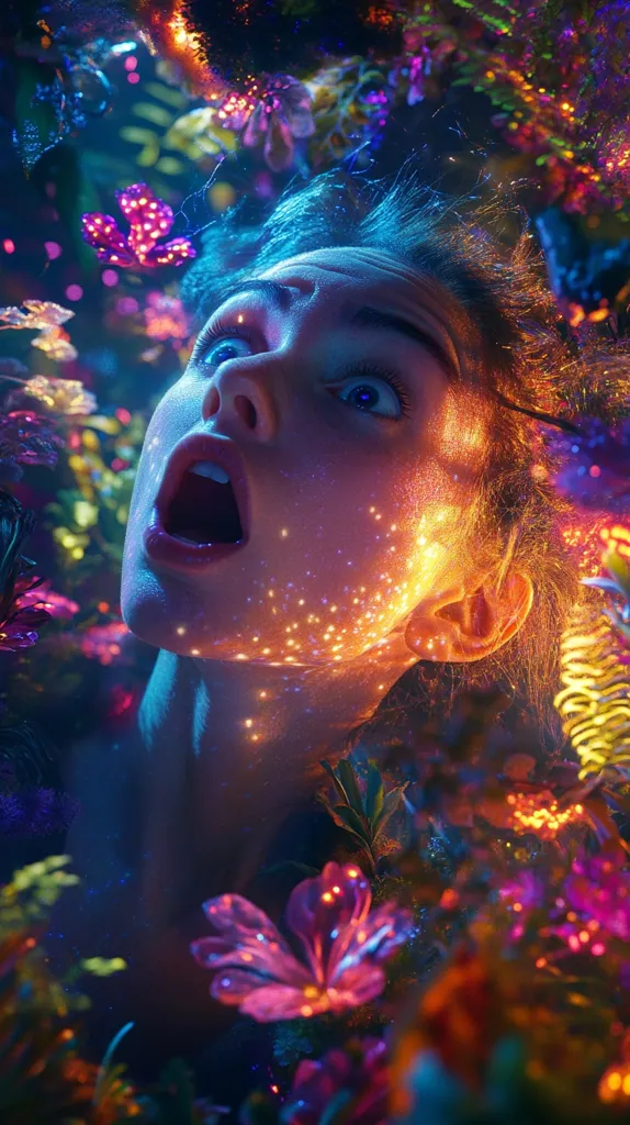 The image shows a person's face with their mouth open in a surprised expression. Their skin is glowing with tiny lights.  They are surrounded by glowing flowers and plants in a vibrant and surreal environment. The colors are saturated and the overall scene is dreamy and otherworldly.