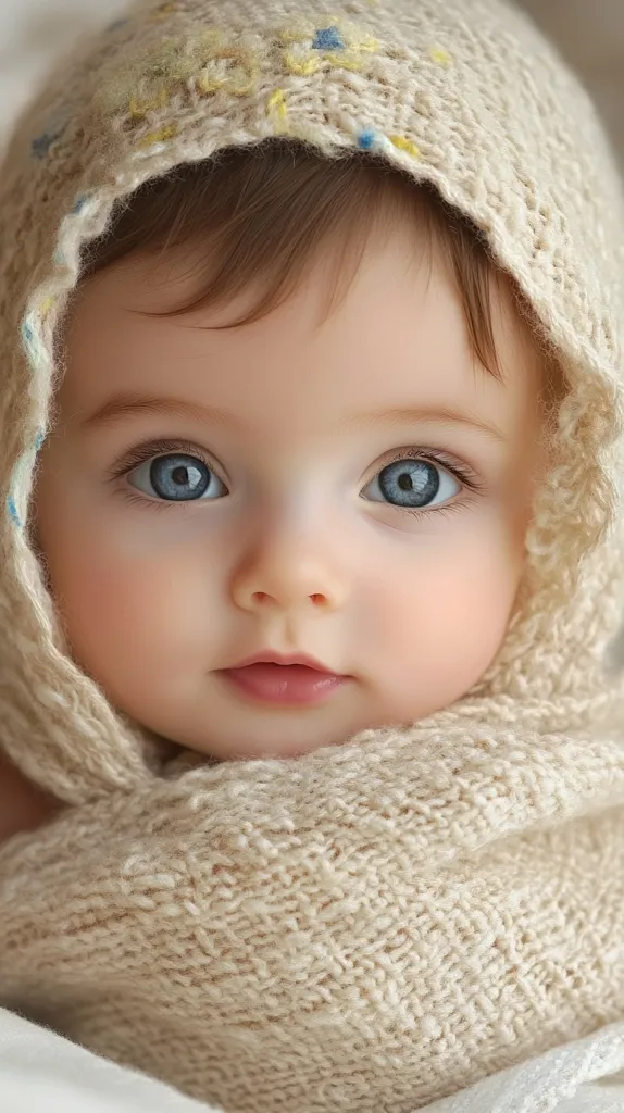 A close-up of a baby's face, wrapped in a knitted hooded blanket. The baby has large, bright blue eyes and a soft, innocent expression. The blanket is a warm beige color, with a textured knit that creates a cozy and comforting atmosphere. The image captures the beauty and fragility of infancy.