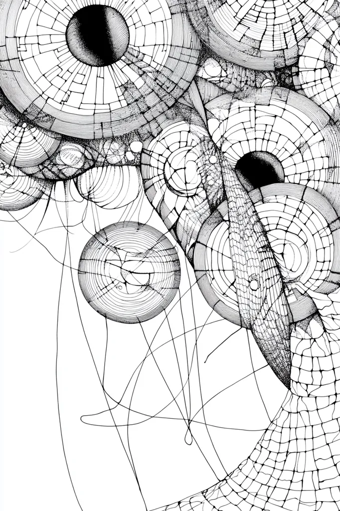 The image is a black and white abstract drawing featuring multiple overlapping circles with intricate patterns. The circles are connected by thin lines that create a web-like structure. The lines and patterns within the circles create a sense of depth and complexity.  The composition is asymmetrical and dynamic, with the circles seemingly floating in a void. The artwork has a sense of movement and energy.  The overall effect is visually striking and thought-provoking.