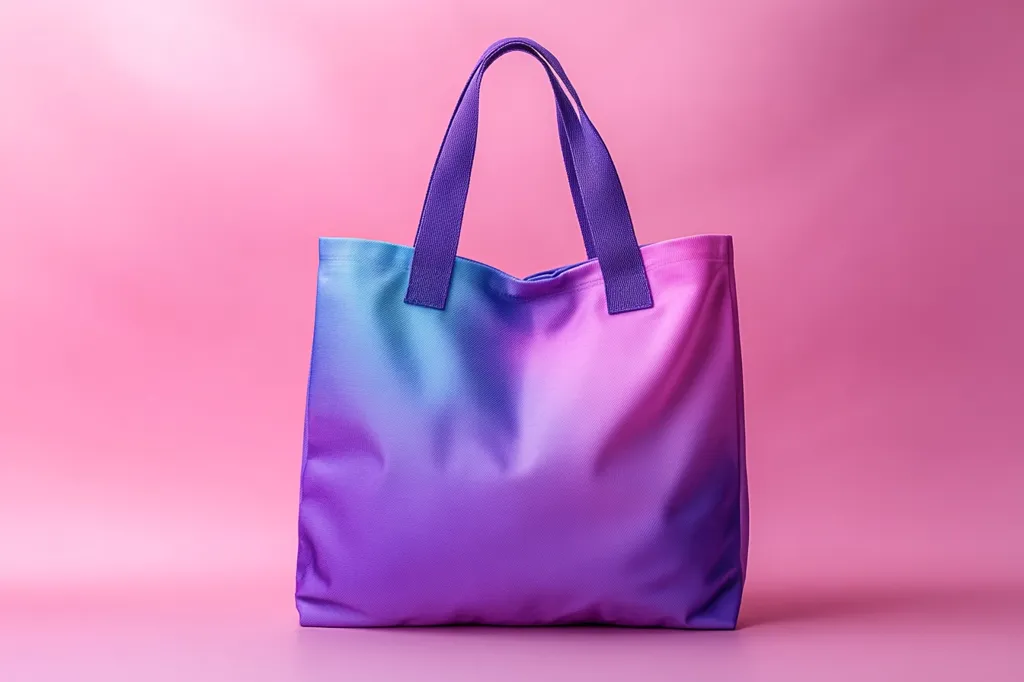A vibrant purple and blue ombre tote bag sits on a pink background. The bag has two purple handles, and the fabric is smooth and glossy. The bag is empty, ready to be filled with items. The bright colors of the bag create a sense of fun and energy.