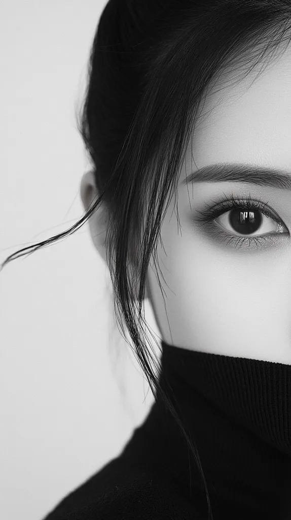 The black and white photo shows a woman's face, partially obscured by her long black hair. Only her right eye is visible, looking directly at the viewer with a hint of mystery.  She wears a black turtleneck sweater, adding to the stark contrast of the image. The simplicity of the composition and the grayscale palette create a sense of intimacy and introspection.
