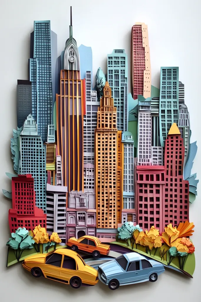 A paper cityscape, meticulously crafted, depicts a vibrant city skyline with skyscrapers of various heights and colors. The buildings are arranged in a dynamic composition, with some towering over others. The scene is set against a white background, with touches of green trees and yellow foliage adding a pop of color. Three miniature cars traverse the street below, bringing a sense of movement to the static scene. The intricate details and playful use of color create a whimsical and captivating artwork.