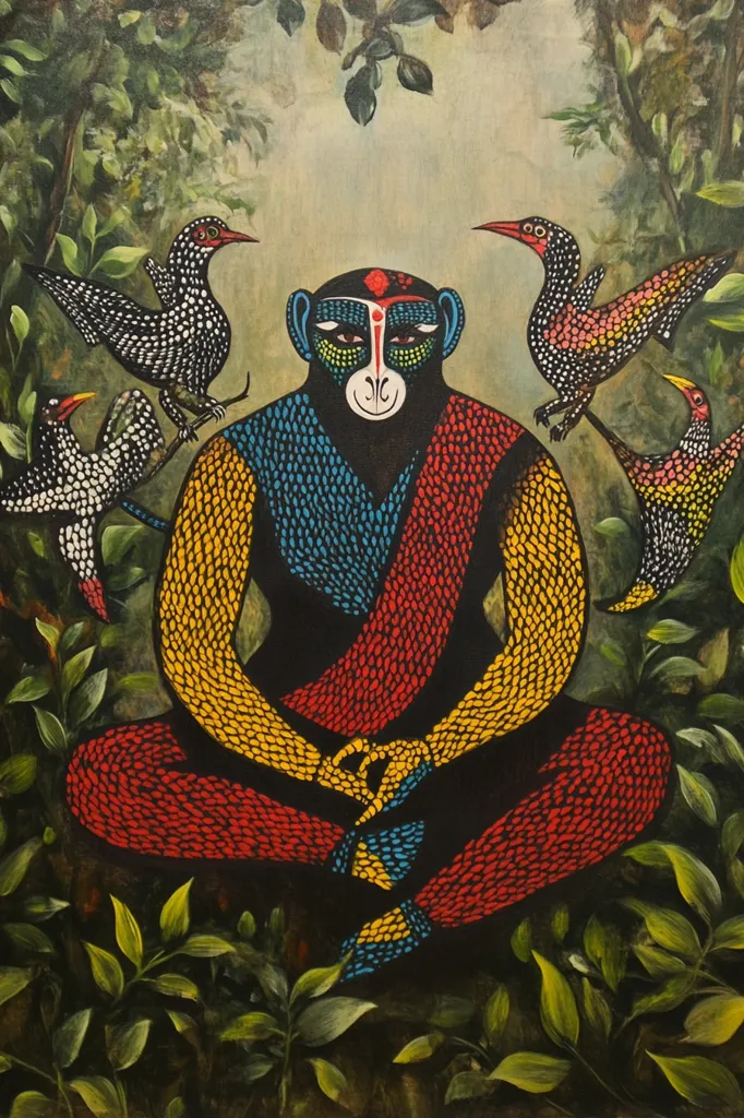 The image depicts a monkey in a meditative pose, surrounded by vibrant green foliage. The monkey is adorned in a colorful robe, with yellow and red dominating the design. Its face is striking with red markings and a serious expression.  Three birds, each with a unique pattern of black and white dots, perch on branches surrounding the monkey, adding a whimsical touch to the scene. The painting has a primitive, folk art aesthetic, characterized by bold colors and simple shapes.