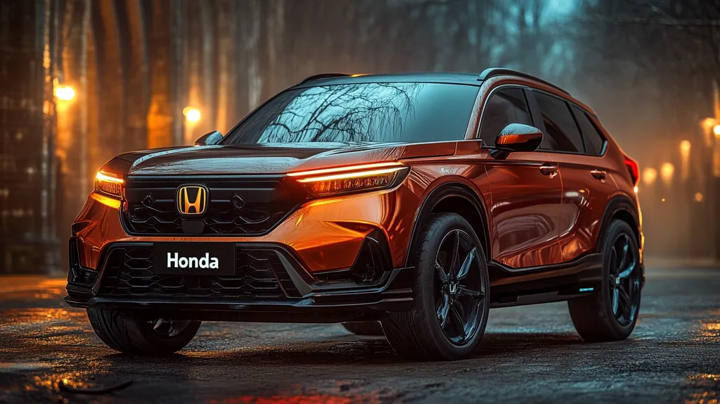 A copper-colored Honda SUV is parked in a dimly lit urban environment. The car's sleek lines and stylish design are emphasized by the soft lighting, and its chrome accents shine. The car's headlights are on, casting a warm glow on the street. The image creates a sense of sophistication and modern luxury.