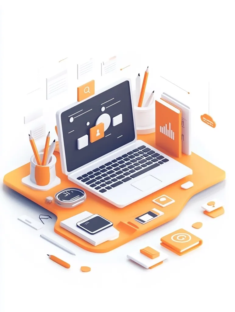 The image shows a 3D isometric illustration of a modern workspace. A laptop computer is the centerpiece, surrounded by various office supplies including pencils, a notepad, a compass, and small icons. The laptop screen displays a diagram with icons representing different aspects of a project. The scene is set on an orange desk with a white background. The overall impression is one of organization, productivity, and creativity.