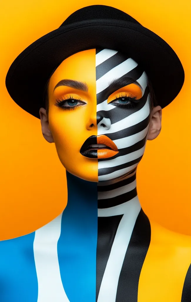 A woman with striking makeup in black, white, and yellow stripes across her face and body wears a black hat. Her bright blue eyes stare directly at the camera. The background is a solid orange. The image is striking and bold, with strong lines and a geometric feel.
