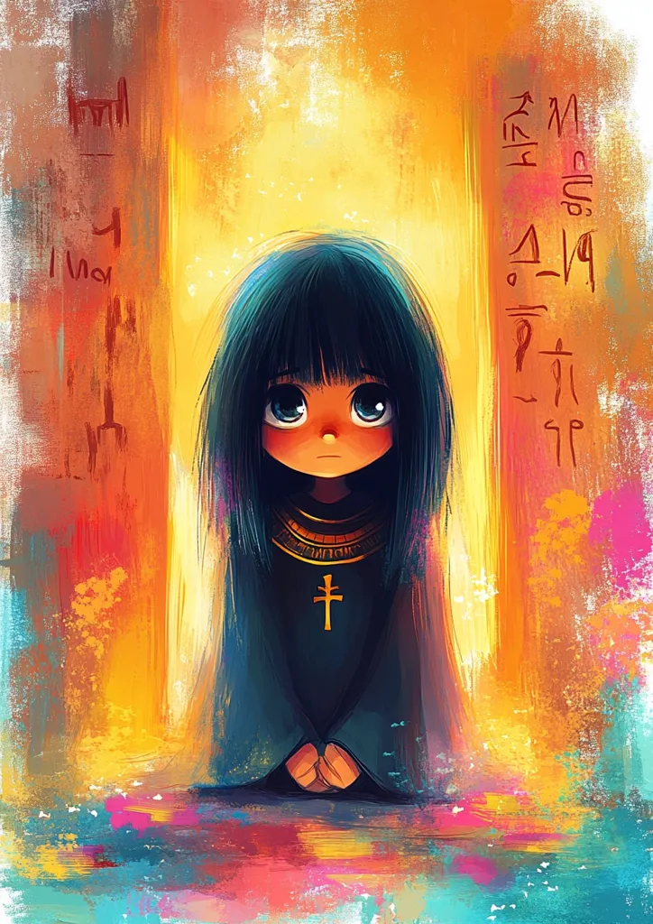 The image depicts a young girl with long black hair and large, expressive eyes. She is wearing a dark robe with a gold cross on the chest, standing in front of a bright, abstract background. The colors are vibrant and saturated, creating a sense of energy and mystery. The girl's expression is melancholic, suggesting a sense of longing or contemplation. The overall impression is one of introspection and quiet beauty.