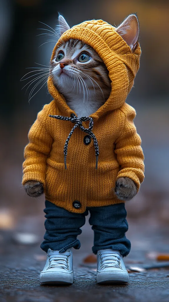 A tabby cat is dressed in a yellow knitted hoodie with a black drawstring and a single button. It is wearing blue jeans and white sneakers. The cat is standing on a concrete surface with fallen leaves in the background. The cat's eyes are wide and looking up, as if it is curious about something.  The cat's outfit is adorable and its expression is sweet and innocent.  The image is well-lit and the cat's fur is soft and fluffy.  The overall effect is heartwarming and playful.