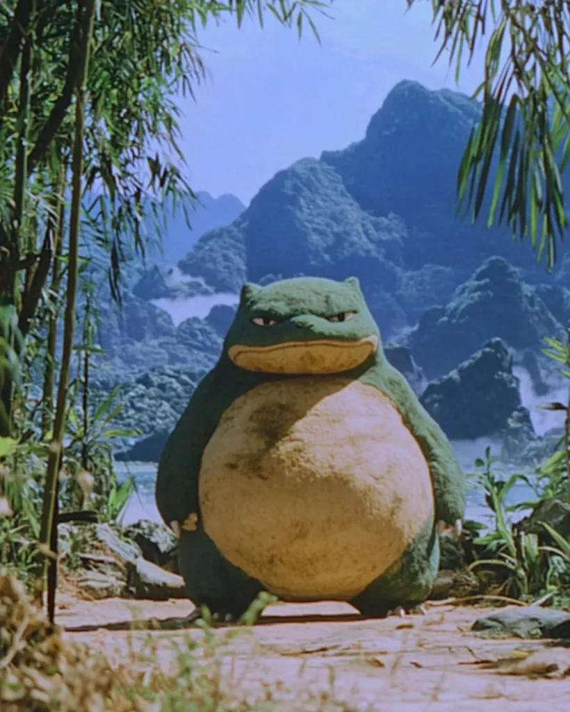 A large, green, and furry creature resembling a frog stands on a path in a jungle. It is staring intensely with a serious expression. The creature is standing in front of a lush forest and a mountainous background. The image has a nostalgic, almost vintage feel.