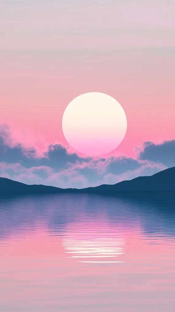 A large, white sun sits over a still, reflective lake. The sky is a gradient of pale pink to a light purple. There are soft clouds on the horizon, and the sun is reflected in the water, creating a calm and peaceful scene.  The image evokes a sense of serenity and tranquility.
