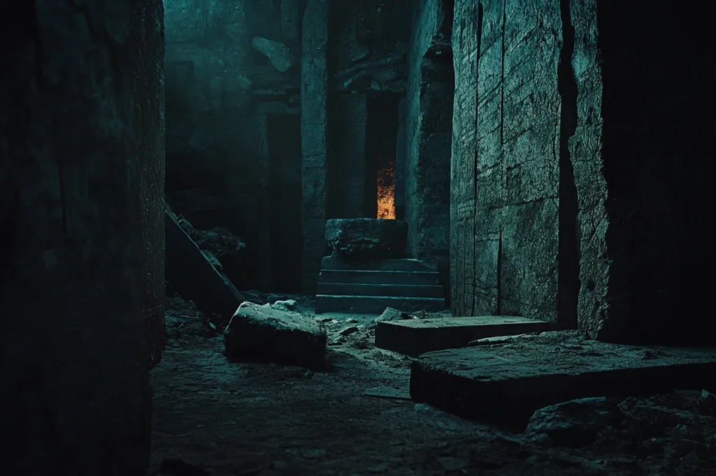 The image shows a dark, ancient stone structure, possibly a tomb or temple. The walls are rough and worn, with a faint glow emanating from a doorway in the back, suggesting a hidden chamber or passage. Crumbling stones litter the floor, adding to the sense of age and decay. The overall atmosphere is mysterious and eerie, hinting at secrets buried within.