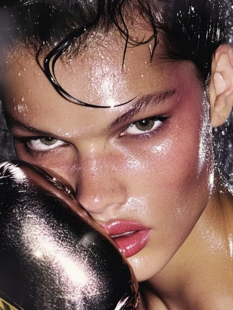 A close-up portrait of a young woman with wet, shiny skin. Her dark hair is pulled back, revealing a strong jawline and intense, green eyes. She wears a gold boxing glove, which partially obscures her face. The image evokes a sense of power and determination. The wet skin and the boxing glove suggest she has just been training. The overall effect is one of raw beauty and athleticism.