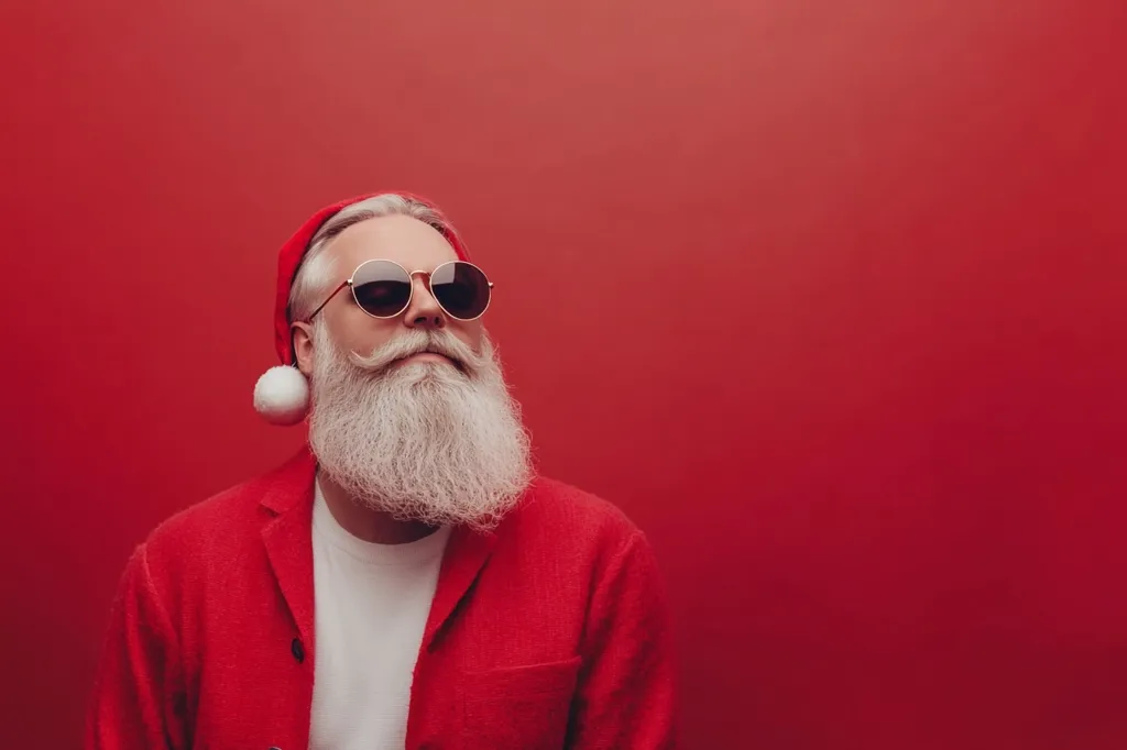 A man with a long white beard and a Santa hat is wearing sunglasses and a red jacket. He is looking to the right of the frame. He is standing in front of a solid red background.