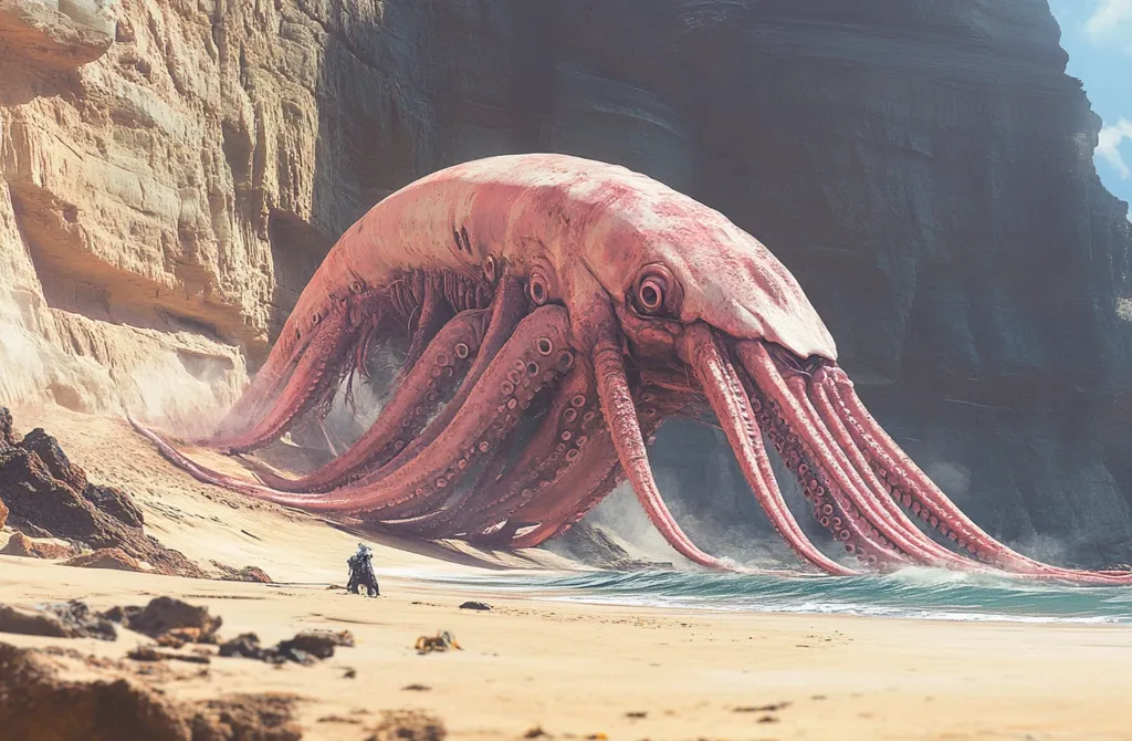 A colossal, fleshy pink sea creature with multiple tentacles rests on a sandy beach, its body partially submerged in the foamy water. Its massive form dwarfs a lone figure in the distance, creating a sense of awe and perhaps even fear. The creature's intricate details and textured skin give it a sense of life and power. The image suggests an encounter with a mythical or otherworldly being, leaving the viewer to imagine its origins and intentions.