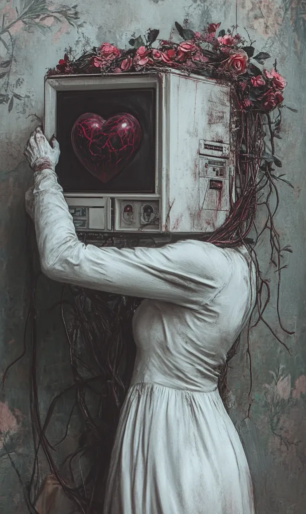 A woman is depicted with a vintage television replacing her head, surrounded by vines and flowers. The television screen displays a red, cracked heart. The woman is dressed in a white dress and has a ghostly, ethereal quality. The image evokes a sense of heartbreak, decay, and the passage of time. The vines and flowers symbolize nature's relentless growth, while the television and heart represent the fragility of technology and human emotion.