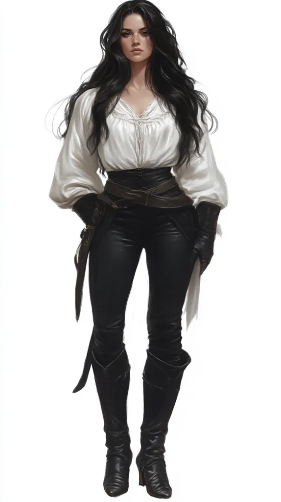 A woman with long, flowing black hair stands against a white background. She wears a white, flowing blouse with a black leather belt. Her black leather pants are tucked into high-heeled boots. She holds a dagger in her right hand and has a serious expression on her face.  Her outfit suggests a character from a fantasy or historical setting.