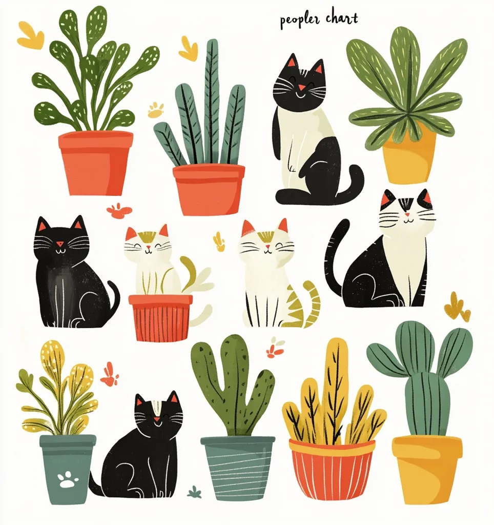 The image features a collection of potted plants and cats, whimsically arranged against a white background. The plants include various types of cacti and leafy greens, all in colorful pots. The cats are depicted in various poses, including sitting, standing, and lounging. The title, "peopler chart," suggests a playful take on the concept of a family or group portrait. The overall vibe is cheerful and whimsical, with a touch of playful humor.