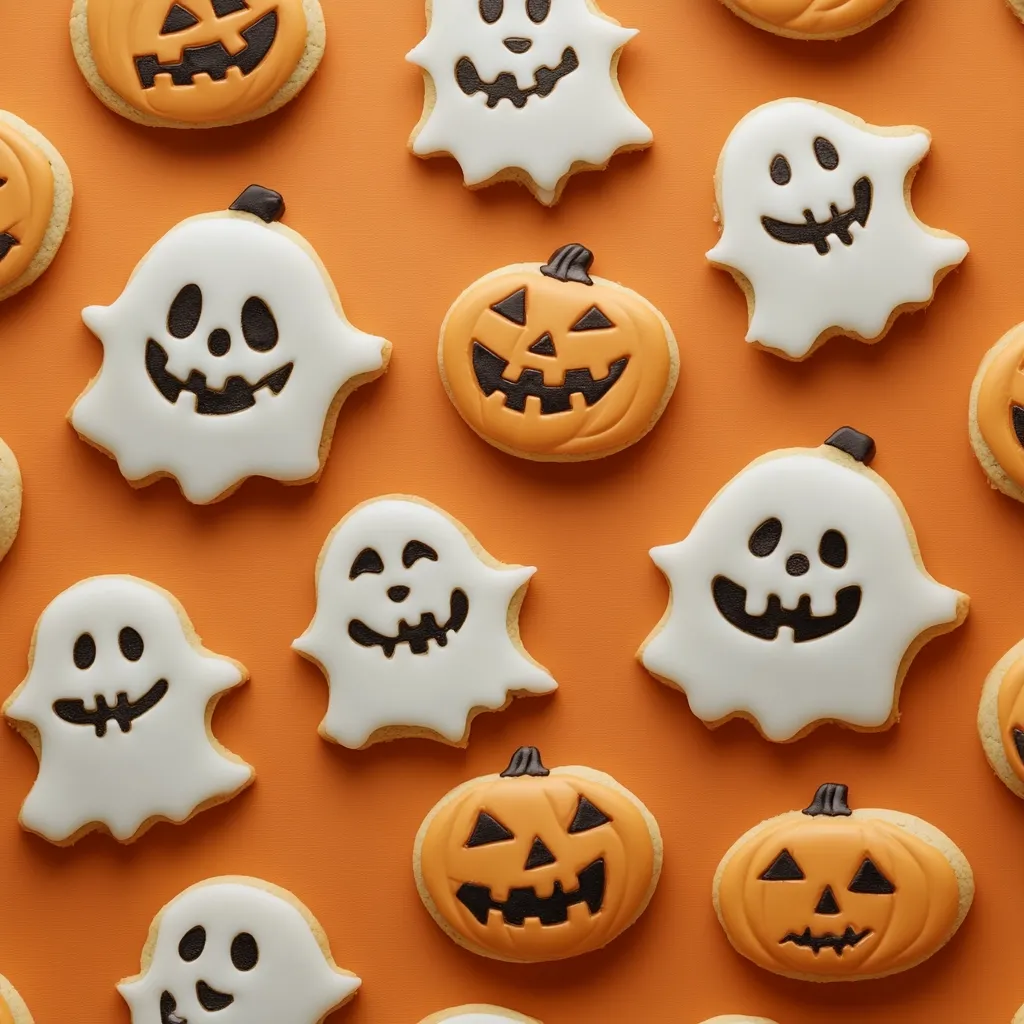 The image shows an assortment of Halloween-themed cookies, arranged on a bright orange background.  There are ghost-shaped cookies with black eyes and mouths, and pumpkin-shaped cookies with black facial features. The cookies are decorated with white frosting and black icing. The image is bright and cheerful, capturing the spirit of Halloween.