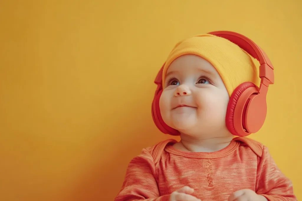 A baby wearing a yellow beanie and bright orange headphones is looking up with a smile on their face. The baby is wearing a peach colored long-sleeved shirt and is in front of a solid yellow background. They appear to be enjoying listening to music.  The image is playful and happy.