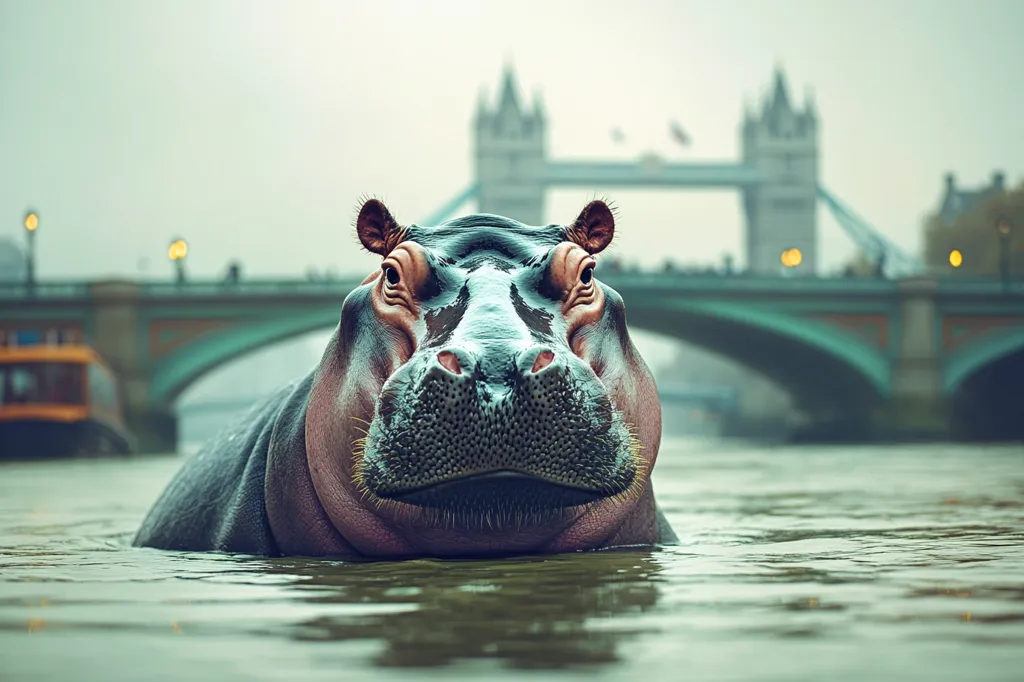 A hippopotamus is swimming in a river, its head and shoulders above the water. It is looking directly at the camera with a slightly open mouth. In the background, a bridge with two arches is visible, out of focus. The water is calm and reflective, reflecting the sky and the bridge.  The hippopotamus is in an unexpected location, adding to the surreal nature of the image.