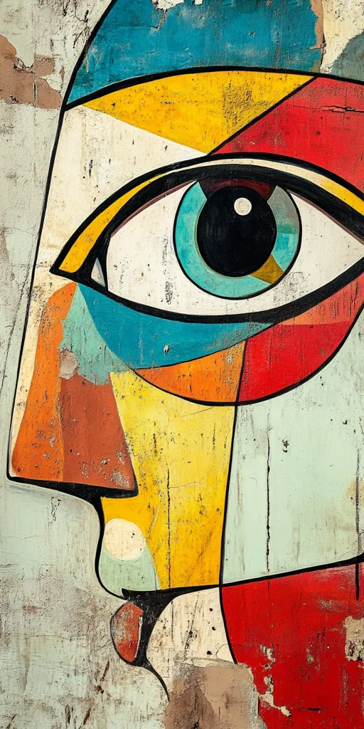 The image is a close-up of an abstract painting. It features a large eye with a blue iris, a black pupil, and a white sclera. The eye is surrounded by a colorful geometric design in shades of red, yellow, orange, blue, and white. The painting has a textured, aged appearance, suggesting it was created on a weathered surface.