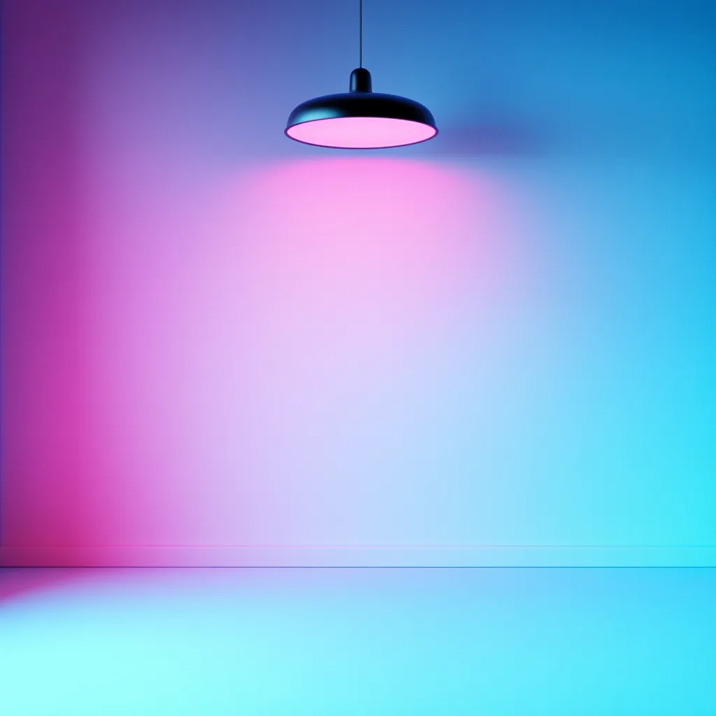 A simple, minimalist scene with a single black lamp hanging from the ceiling. The lamp casts a soft, pink light on a white wall and blue floor, creating a gradient effect.  The scene evokes a sense of calm and tranquility.