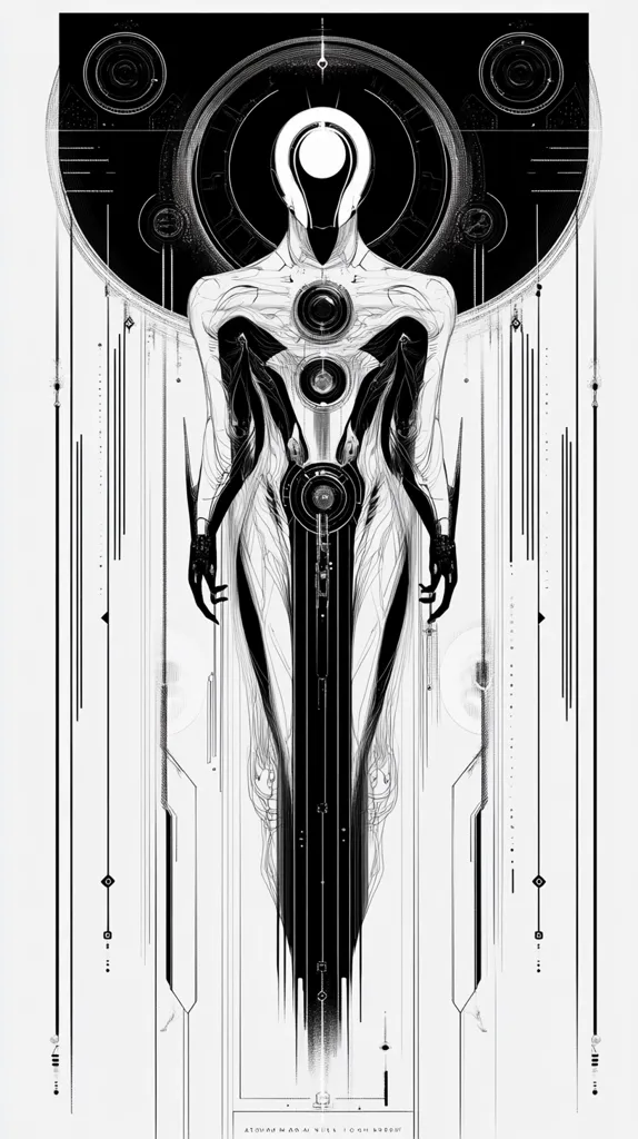 The image is a black and white illustration of a humanoid figure standing within a geometric frame. The figure has a long, thin, androgynous body, with a circular head that has a white circle in the middle. The figure is surrounded by a series of concentric circles and lines, which give the impression of a futuristic or cybernetic setting. The overall effect is one of mystery and intrigue, with the figure seeming to be both powerful and vulnerable.
