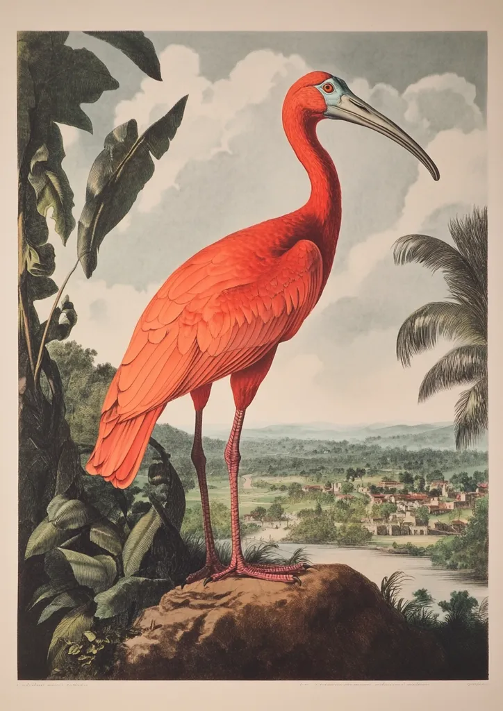 A scarlet ibis, a vibrant red bird with a long, curved beak, stands on a rocky outcrop. Its bright plumage contrasts with the lush green foliage and the distant view of a small village nestled amidst rolling hills. The bird's gaze is fixed on the horizon, suggesting a sense of tranquility and a connection with the natural world.  The painting, a striking example of avian art, captures the beauty and grace of this exotic species.
