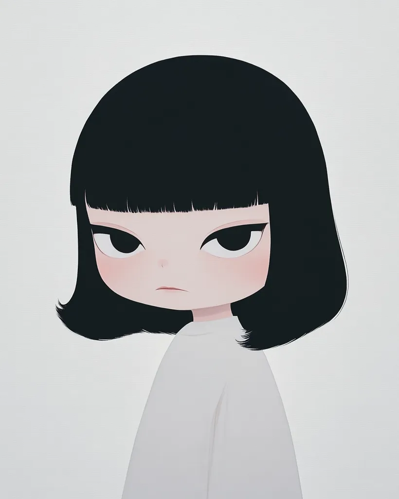 The image shows a cartoon girl with short black hair and a white shirt. She has a serious expression on her face, with her lips slightly parted and her eyes narrowed. She is looking away from the viewer. The background is a simple white wall. The overall impression is one of quiet contemplation.