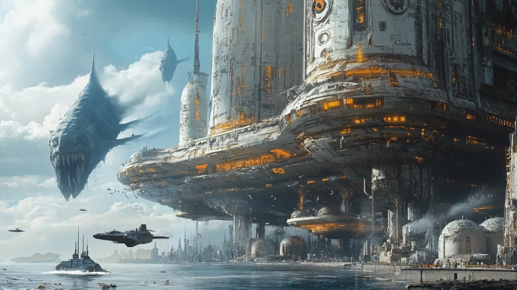 A massive, futuristic city hovers over a body of water, its towering structures a testament to advanced technology. A large, bio-mechanical creature, resembling a monstrous fish, floats overhead, its presence casting a shadow of mystery over the scene. In the foreground, smaller ships navigate the waters, while the city's intricate architecture and glowing lights create a sense of wonder and awe. The image depicts a world where the boundaries between nature and technology have blurred, leaving viewers to contemplate the possibilities of a future filled with both beauty and enigma.