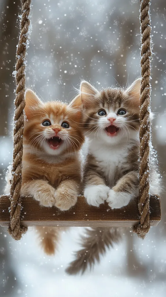 Two adorable kittens, one orange and white and one brown and white, are sitting on a wooden swing. They are both looking at the camera with their mouths open in a playful "meow". Snow is falling gently around them, creating a magical winter scene. The kittens are enjoying their ride on the swing, their tails dangling happily.