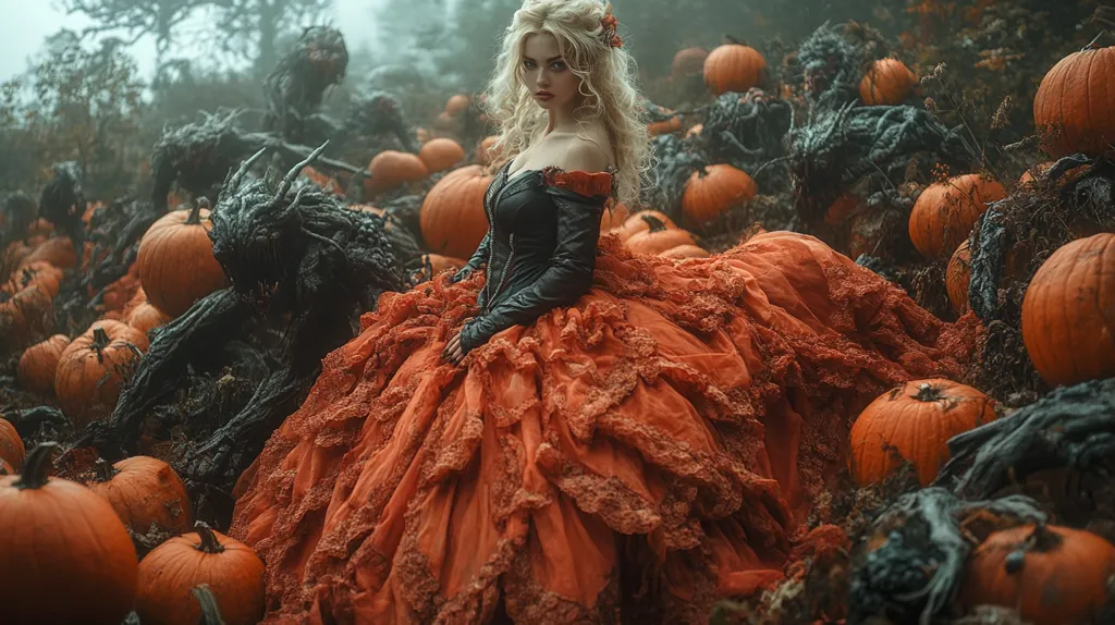 A woman in an orange, ruffled gown sits in a field of pumpkins. Her long blonde hair cascades down her back. She is surrounded by dozens of pumpkins, some of which are decaying. The scene has a spooky and eerie feel, with a sense of mystery and danger. The woman's gaze is intense, adding to the overall mood of the image.  The composition is balanced, with the woman in the center and the pumpkins around her. The lighting is soft and diffused, creating a dreamlike atmosphere.  The image is a visual representation of Halloween, with its themes of mystery, magic, and the supernatural.