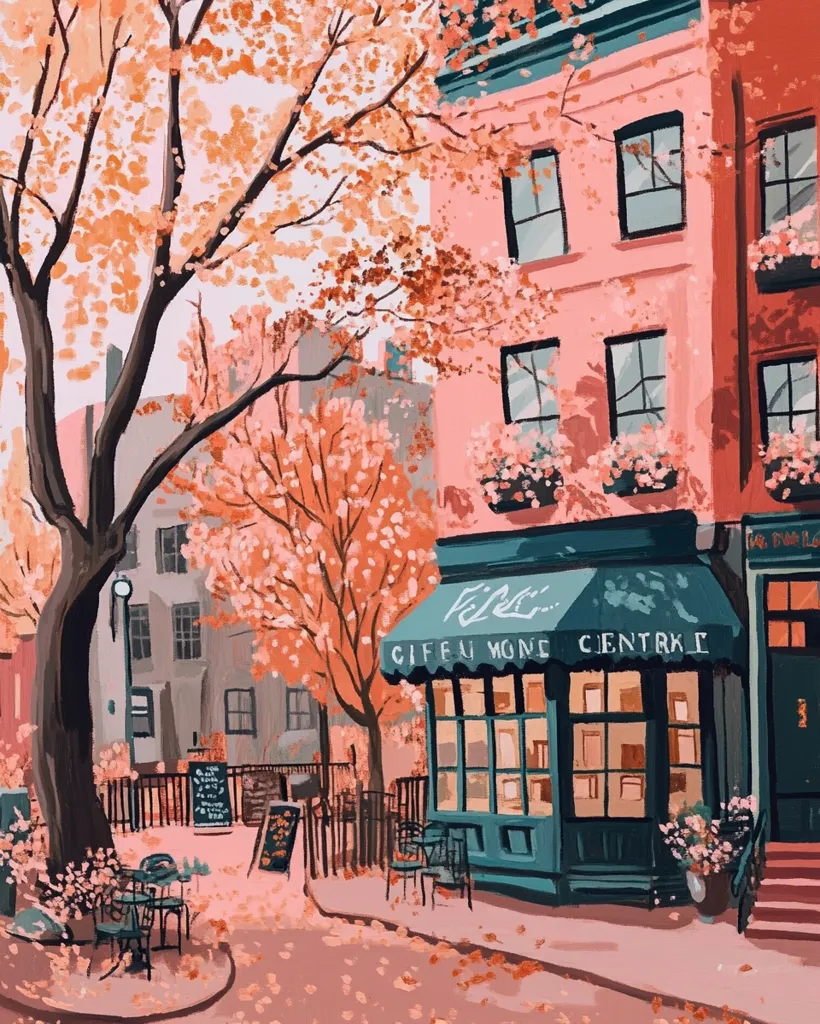 The image depicts a charming street scene with a pink building housing a cafe called \
