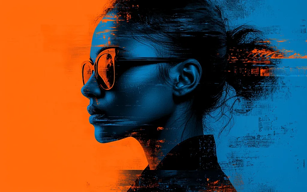The image is a digital portrait of a woman wearing sunglasses. The woman's face is obscured by a digital glitch effect, giving the image a surreal and abstract feel. The colors in the image are bold and contrasting, with a bright orange background and a dark blue foreground. The woman's hair is long and dark, and her sunglasses are oversized and stylish. The overall effect of the image is one of mystery and intrigue.