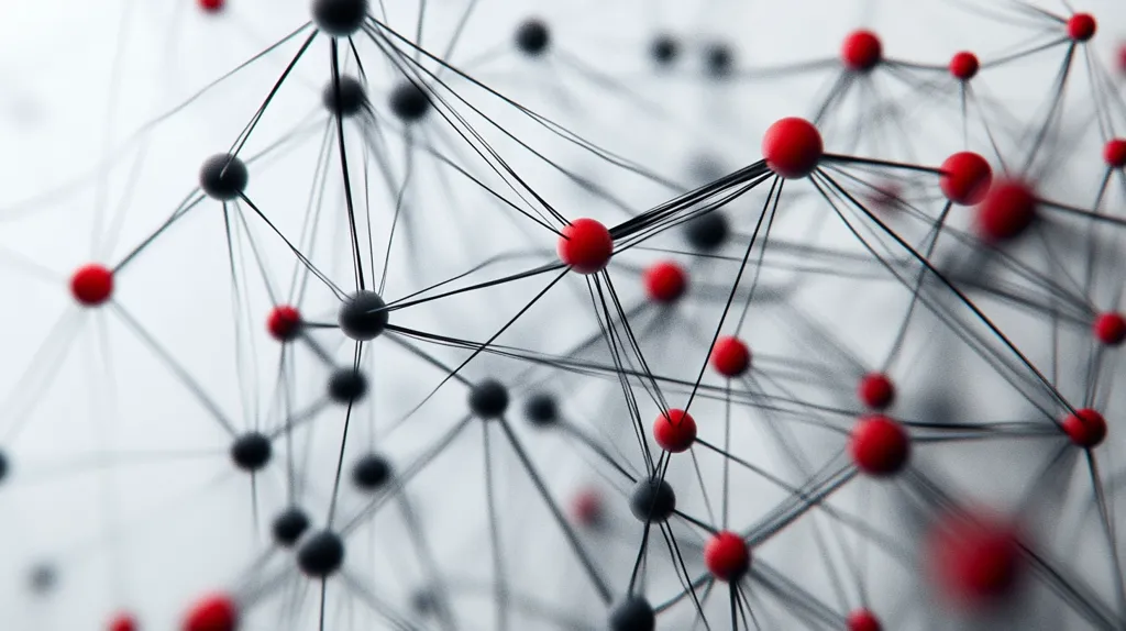 The image shows a complex network of black threads connecting red and black spheres. The spheres are scattered throughout the image, creating a sense of interconnectedness. The threads are thin and delicate, giving the impression of a delicate web. The overall effect is abstract and visually appealing.  The image suggests concepts of connection, relationships, and the flow of information.