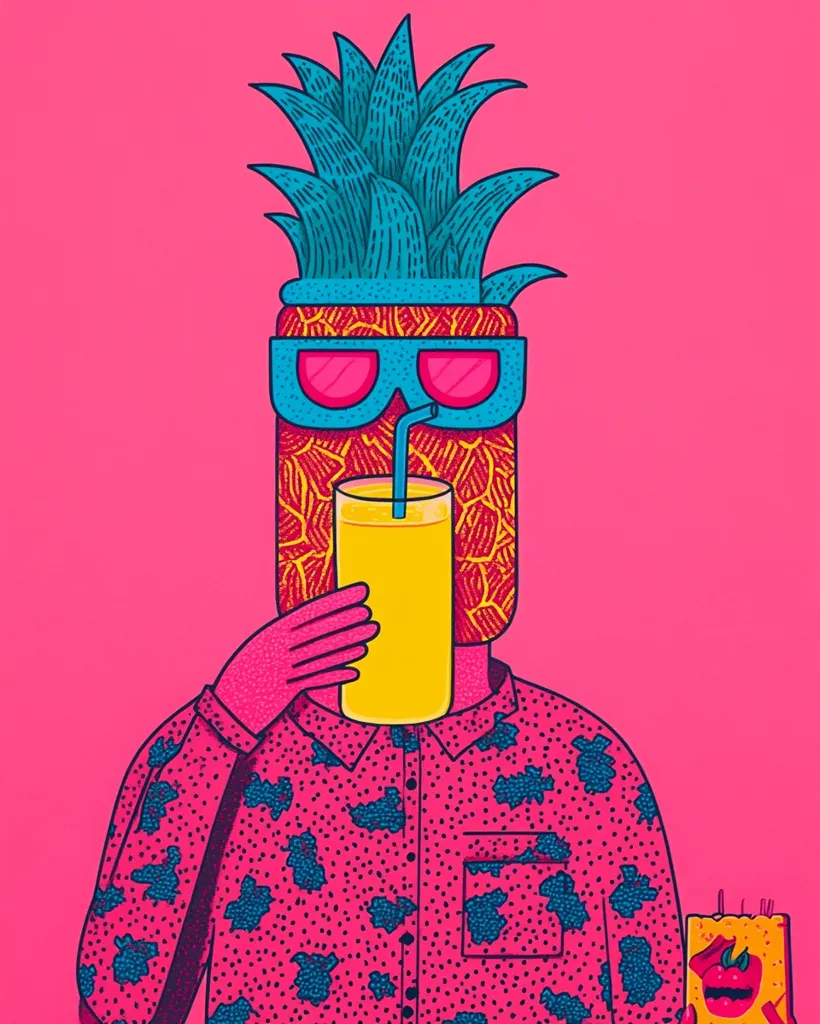The image depicts a pineapple with sunglasses and a pink shirt drinking pineapple juice through a straw. The pineapple's head is in the middle of the image, with its body facing the left side. The background is a solid pink color, and the pineapple is in a cartoon style.  The pineapple is holding a glass of yellow juice in its right hand.
