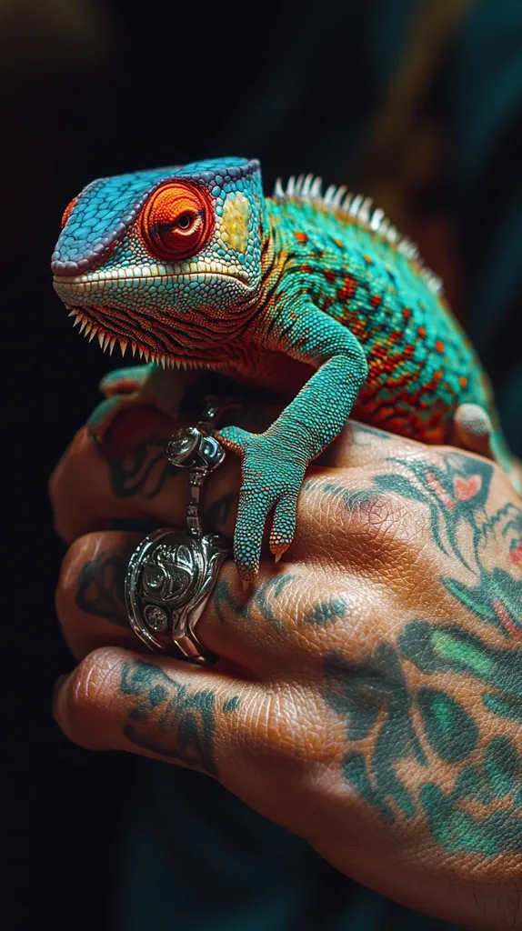 A vibrant blue and orange chameleon sits on the palm of a tattooed hand. The chameleon's scales are detailed, and its orange eye stares intensely. The hand is covered in intricate tattoos, including a floral design and a skull. A silver ring with a large, ornate design sits on the ring finger. The image captures a unique juxtaposition of nature and human artistry.