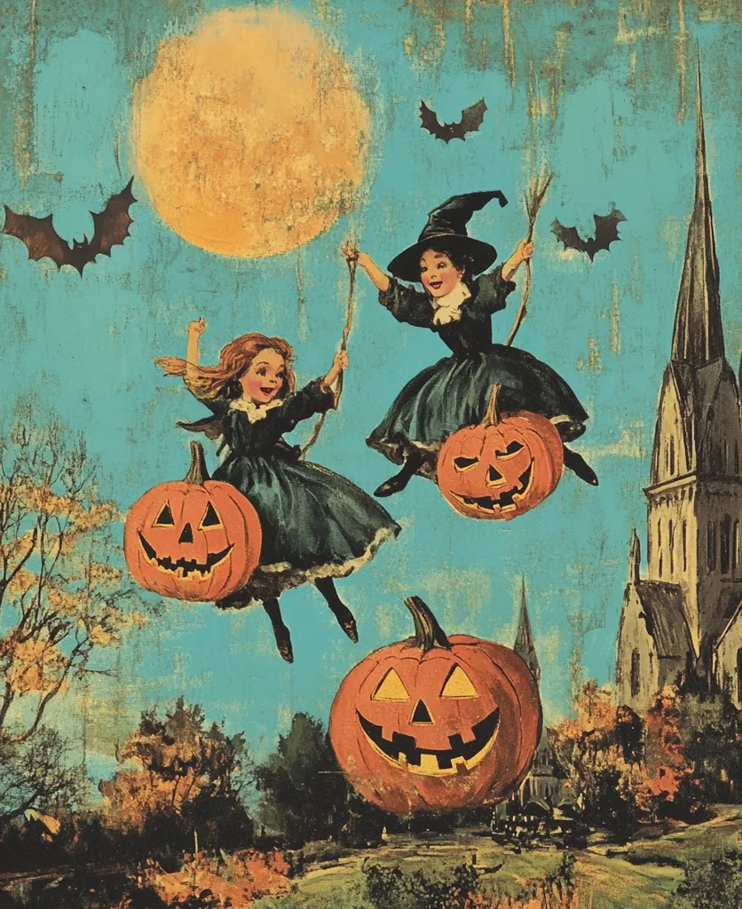 Two witches on broomsticks are flying through the night sky, holding onto pumpkins. There is a large moon, bats and a church in the background. The sky is blue and the pumpkins are orange with carved faces. The image is a vintage Halloween illustration.