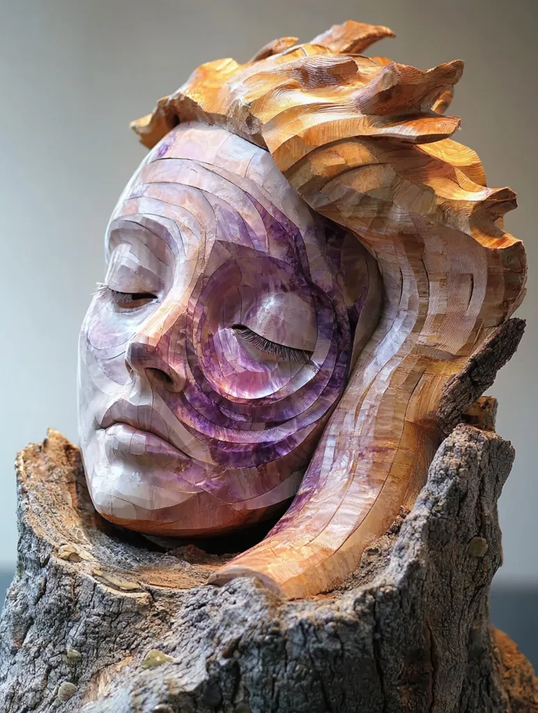 The image shows a wooden sculpture of a woman's head. The sculpture is carved from a tree trunk, and the woman's face is detailed with intricate carvings. Her hair is long and flowing, and her eyes are closed as if she is sleeping. The woman's face is painted with a purple hue, adding a touch of color to the otherwise natural wood. The sculpture is a beautiful example of the artistry of wood carving.