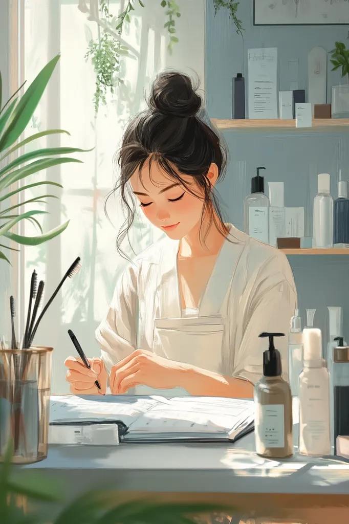 The image depicts a young woman with long dark hair pulled back in a bun. She is wearing a white shirt and is seated at a table, writing in a notebook.  Sunlight streams in through a window behind her, illuminating the scene.  The table is covered with various bottles of toiletries, suggesting a bathroom or vanity setting.  The woman's focused expression and the soft lighting create a serene and tranquil atmosphere.