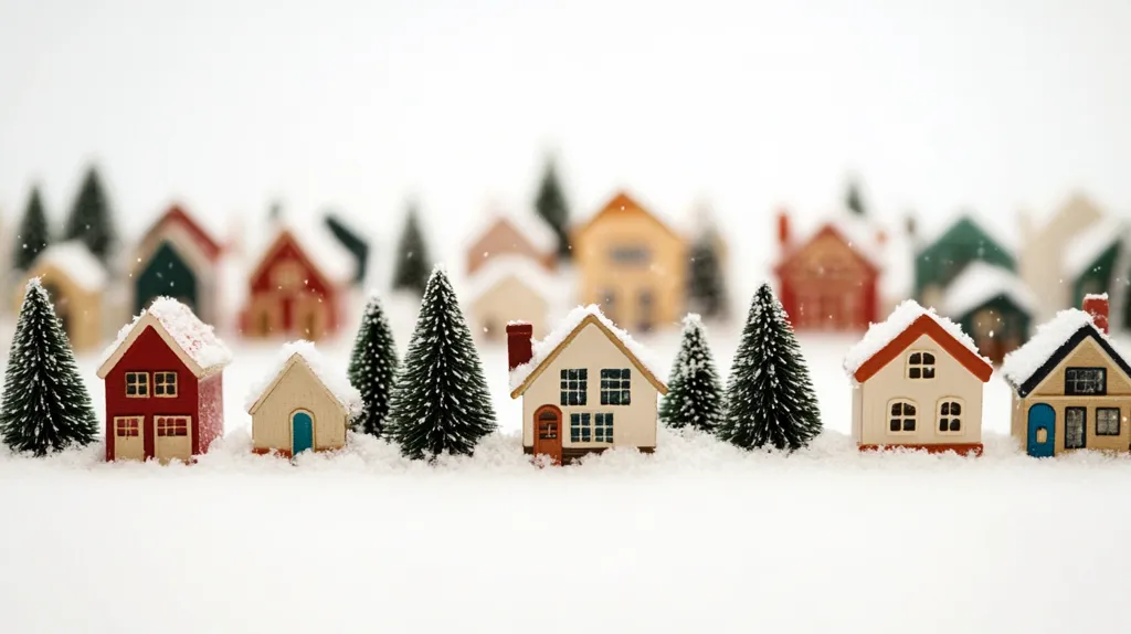 A miniature village of houses sits nestled in a bed of fresh snow. The houses are all painted in bright, festive colors, and their rooftops are dusted with a light snowfall. The scene is peaceful and idyllic, evoking a sense of warmth and tranquility.  The houses are surrounded by miniature evergreen trees, adding to the charming winter scene.
