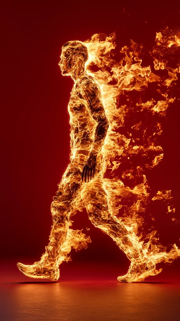 The image depicts a human figure engulfed in flames, walking forward against a red backdrop. The flames are depicted in a realistic manner, with intense orange and yellow hues, creating a sense of heat and energy. The figure's body is almost entirely obscured by the fire, with only a few outlines of its limbs and head visible. The overall impression is one of power and intensity, suggesting a being consumed by fire but still moving forward.