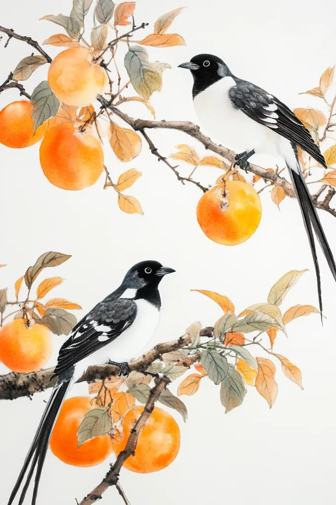Two black and white birds perch on branches of a tree laden with ripe orange fruit. The birds have black heads and wings with white bodies and long tails. The painting is done in a delicate watercolor style, with soft, muted tones. The background is a simple white, allowing the birds and fruit to stand out. The image evokes a sense of peace and tranquility.