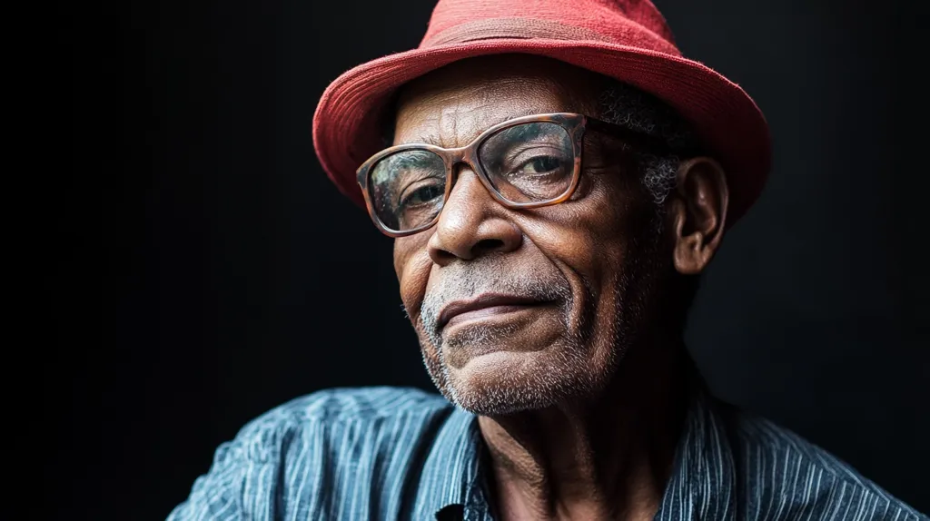 The image is a close-up portrait of an older Black man. He is wearing a red hat and glasses. The man has a thoughtful expression on his face, and his eyes are looking directly at the camera. The image is lit with soft, diffused light, casting a subtle glow on the man's skin and creating a sense of intimacy.
